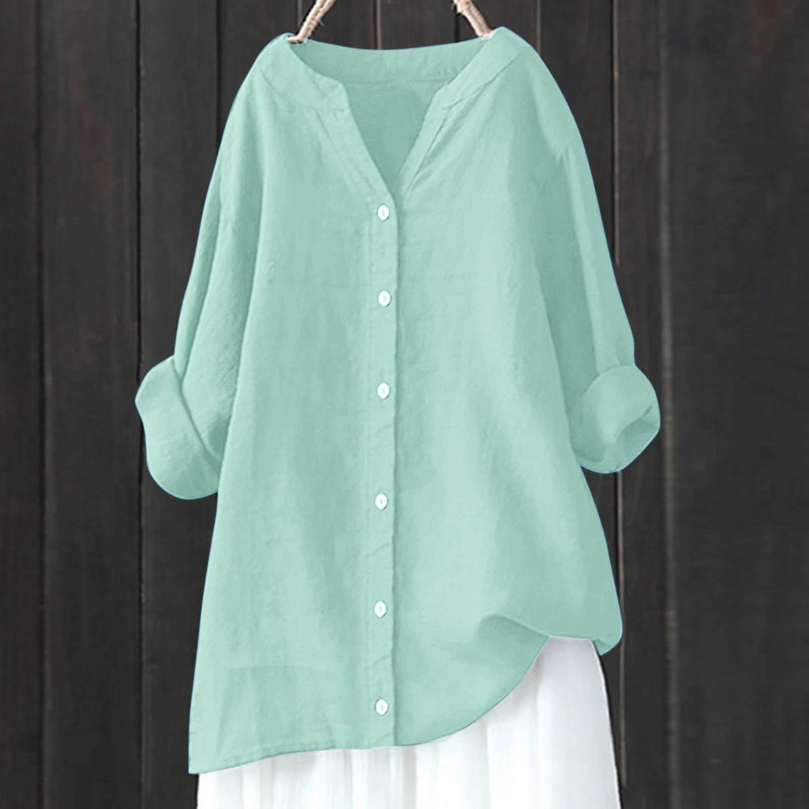 thumbnail image 2 of Blusa de manga larga con botones para mujer - Camisa informal lisa con cuello en V y corte holgado - Adecuada para el trabajo, citas o compras - Tallas S-XXXXXL, tejido de poliéster, 2 of 4